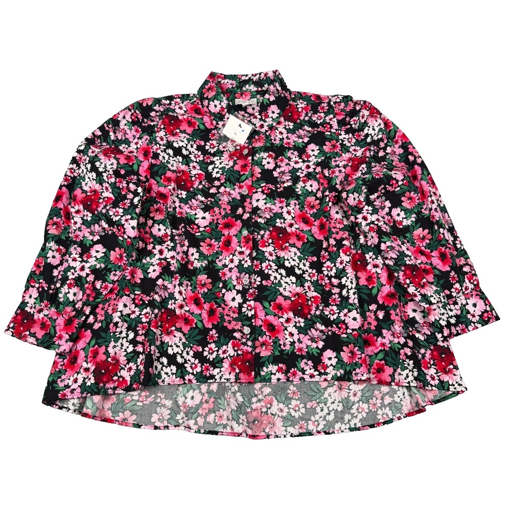 Crown & Ivy Blouse Womens XL Black Floral Blouson Sleeve Rhinestone Button NWT